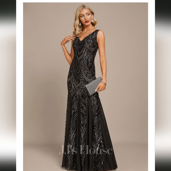 JJs House Dresses & Skirts - Trumpet/Mermaid V-Neck Floor-Length Chiffon Sequin Evening Dress #271477